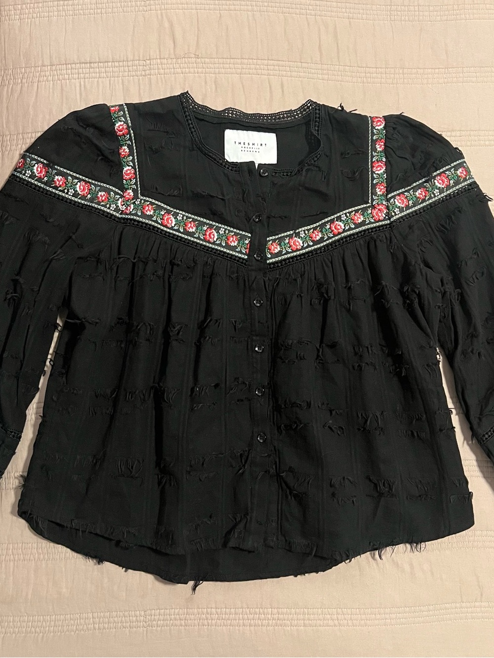 The Shirt by Rochelle Behrens Black Button-Front Blouse Floral Trim Festive